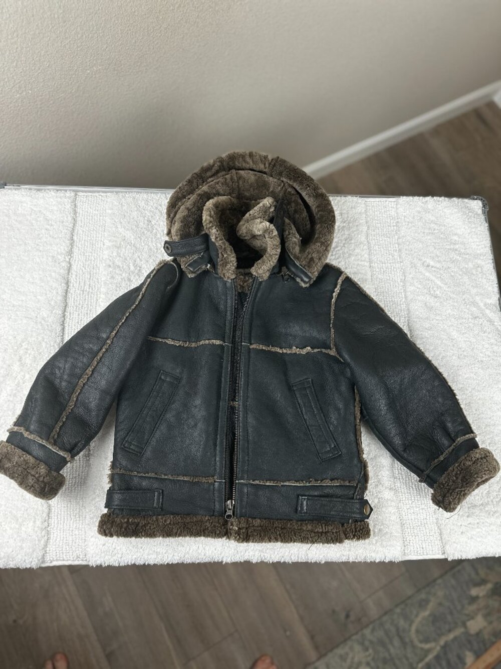 Vintage Vecchio Ponte Kids Boys 2T Dark Brown Shearling Leather Hooded Jacket